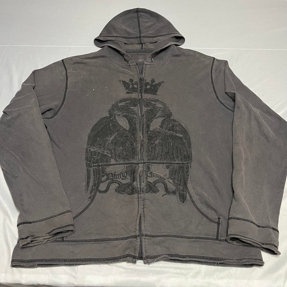 Y2K DKNY Affliction style gray Cotton Zip Up Hoodie grunge skater Punk